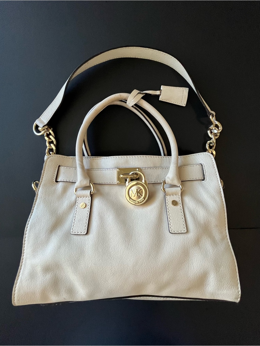 Michael Kors Hamilton Leather Satchel Front Gold-tone Padlock Light Cream Color